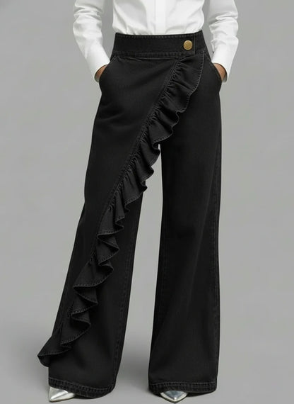 Ruffle Accent High-Waist Wide-Leg Jeans
