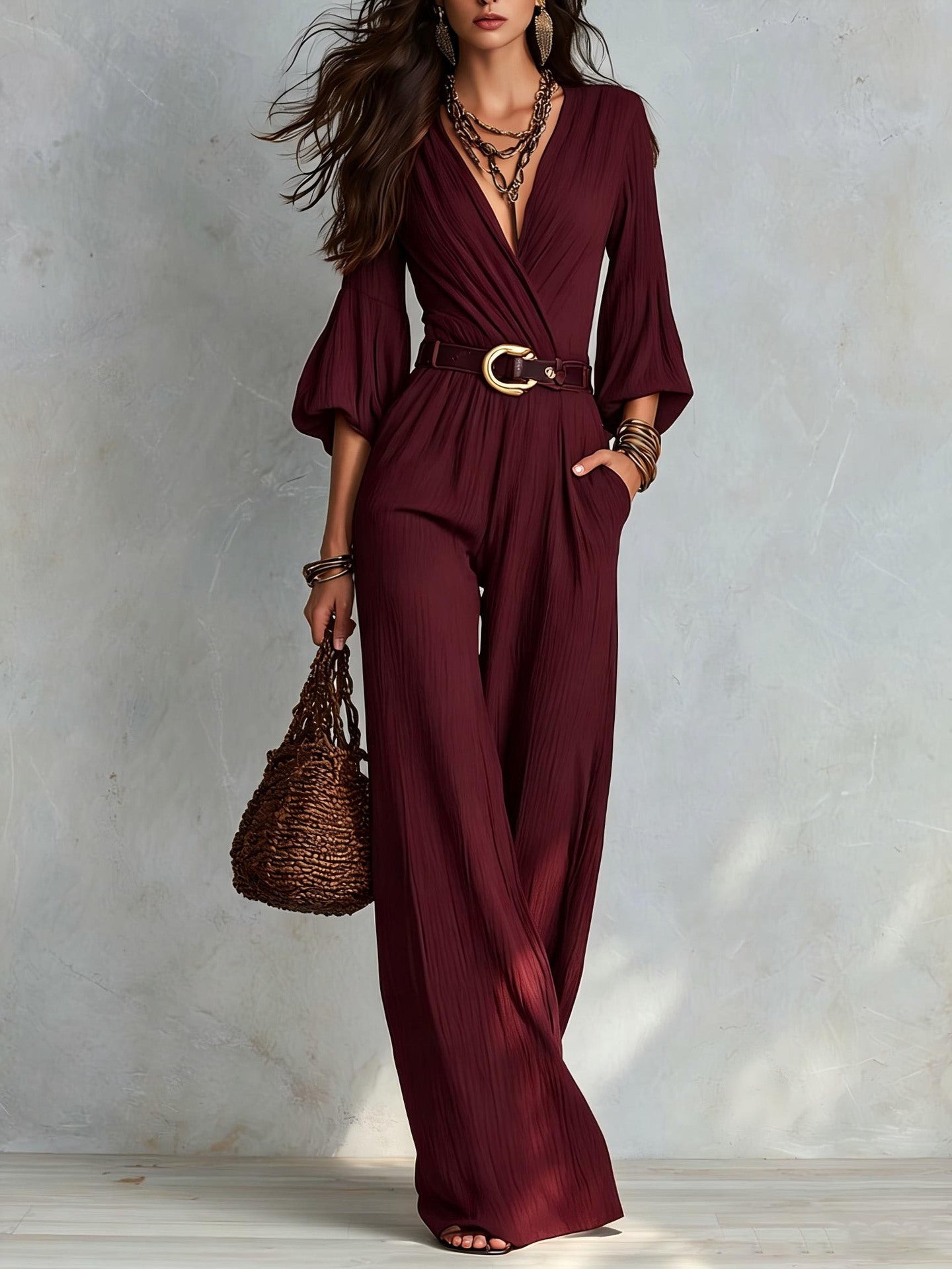 Crinkle Wrap V Neck Balloon Sleeve Belted Wide Leg Jumpsuit