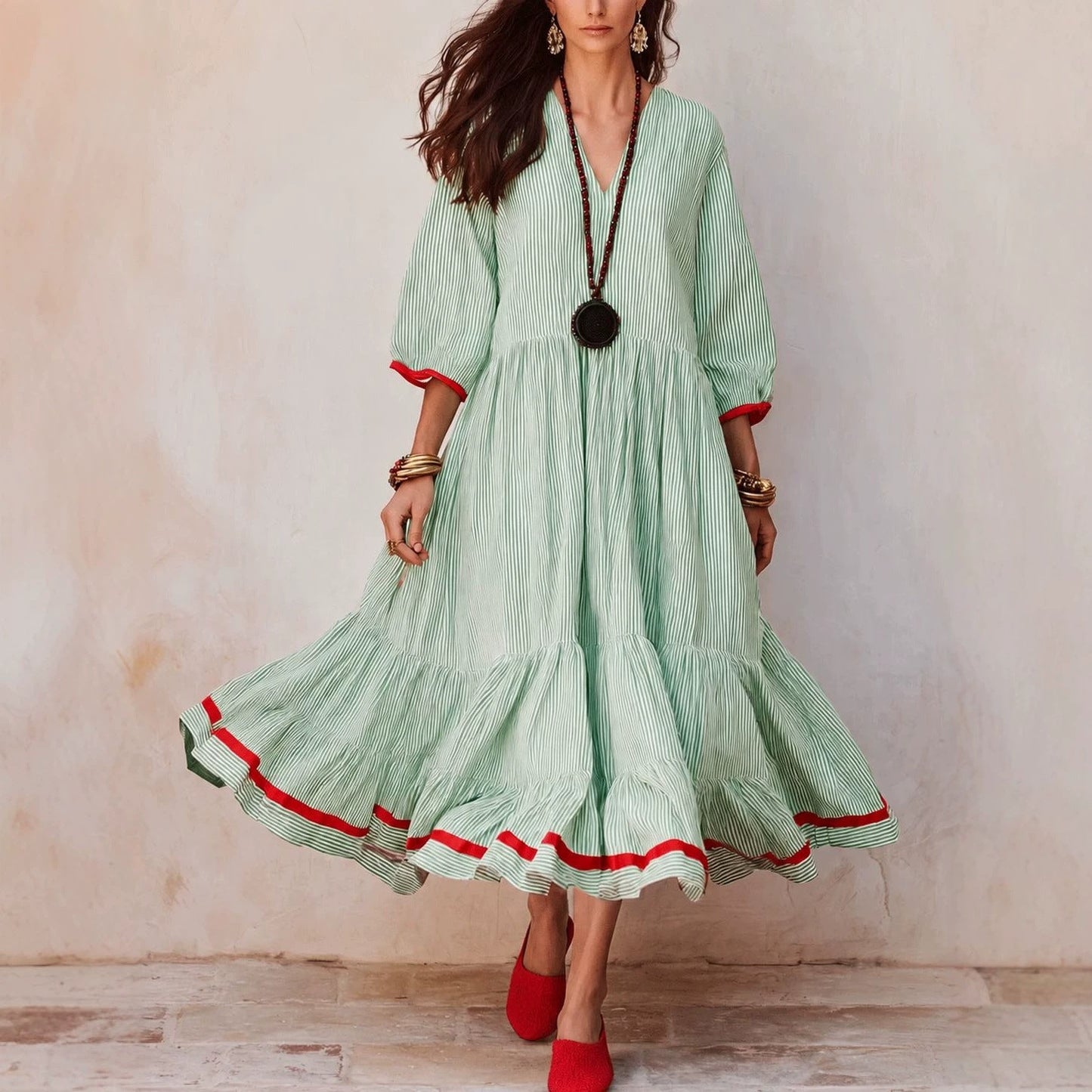 Stripe Red‑Trim Tiered Linen‑Blend Maxi Dress