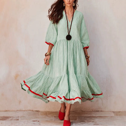 Stripe Red‑Trim Tiered Linen‑Blend Maxi Dress