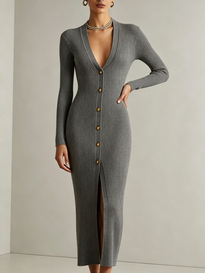 V‑Neck Button Front Ribbed Knit Slit Midi Dress