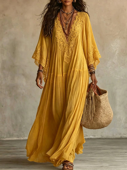 Women’s V-Neck Long Dress With Lace Detailing