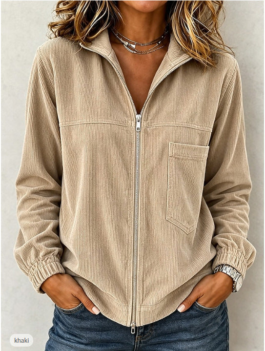 Women's Full Zip Stand Collar Corduroy Long Sleeve Jacket With Pocket