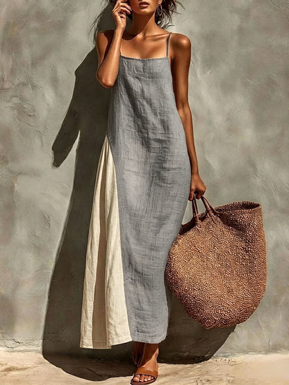 Block Spaghetti Strap Linen Asymmetrical Maxi Dress