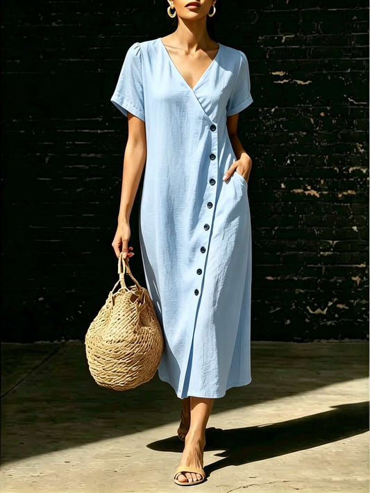 Linen Wrap V Neck Side Button Short Sleeve Midi Dress