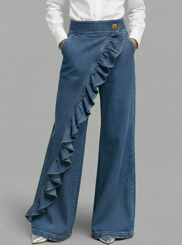 Ruffle Accent High-Waist Wide-Leg Jeans