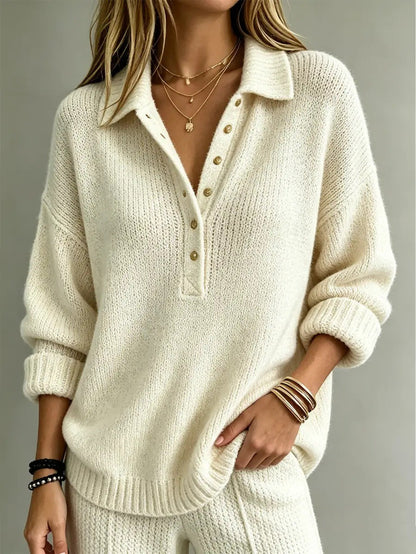 Loose Collared Henley Knit Sweater Women Solid Long Sleeve Casual Pullover Top