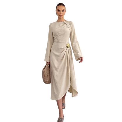 Round Neck Flare Sleeve Gold Ornament Ruched Midi Dress