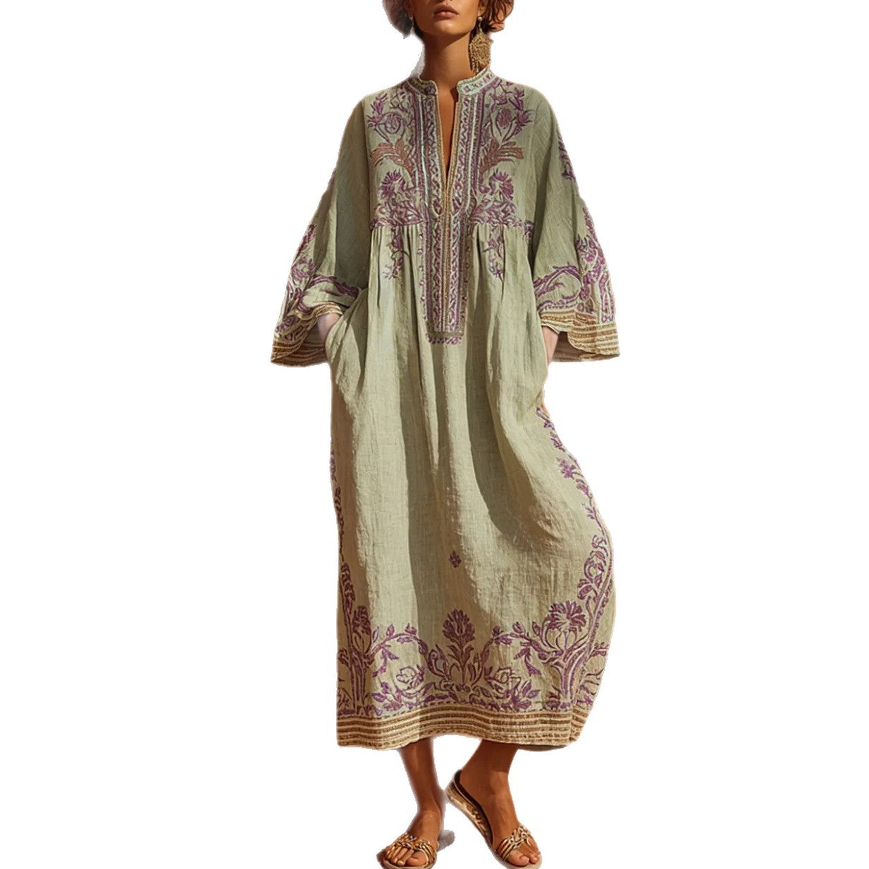 Premium Embroidered Linen-Blend Kaftan Maxi Dress