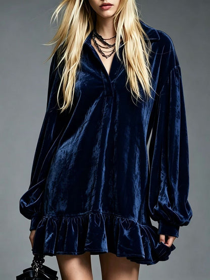 Velvet Ruffle Hem Mini Dress Women Lapel Long Sleeve Loose Casual Tunic Dress