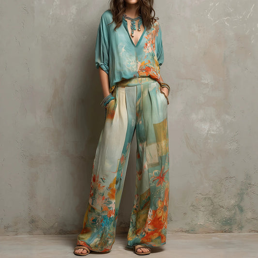 Watercolor Floral Print Two-Piece Linen-Blend Set