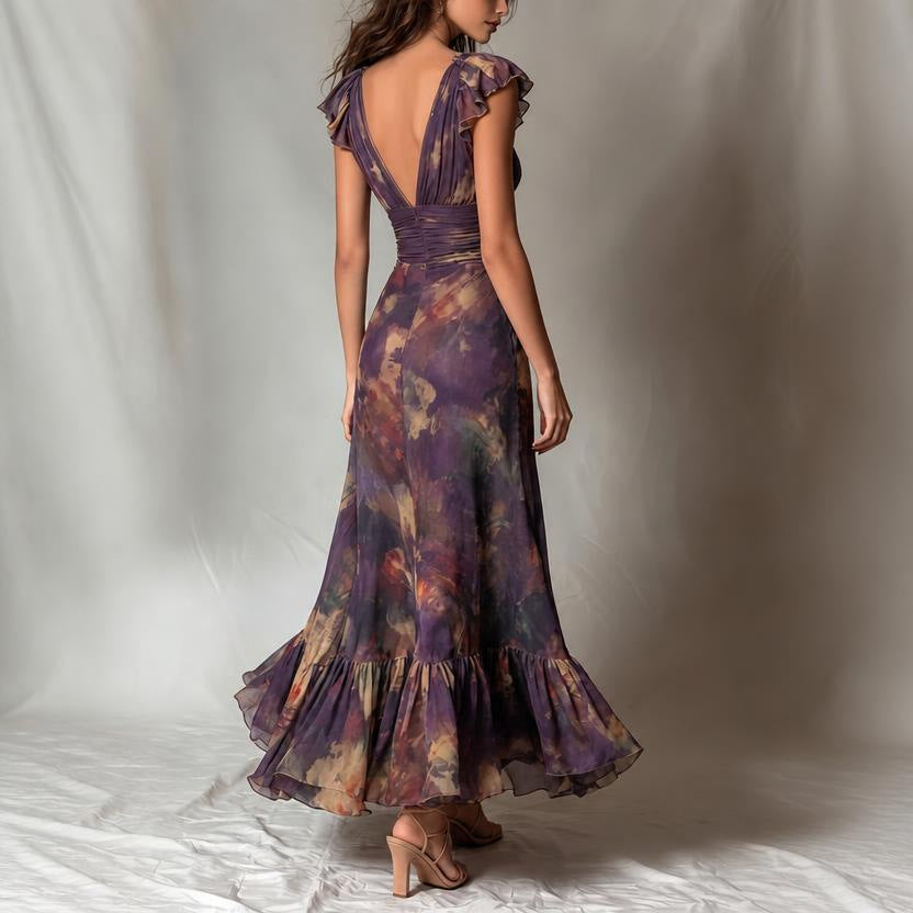 Deep V‑Neck Ruffle Cap Sleeve Watercolor Floral Maxi Dress