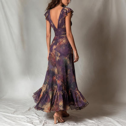 Deep V‑Neck Ruffle Cap Sleeve Watercolor Floral Maxi Dress