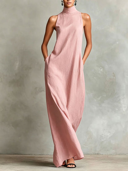 Sleeveless High Neck Linen Maxi Shift Dress