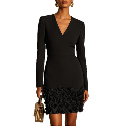 V‑Neck Long‑Sleeve 3D Rose Appliqué Bodycon Mini Dress