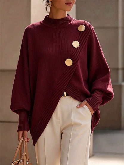 Elegant Asymmetrical Gold-Button Knit Sweater