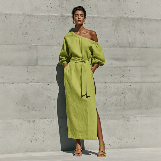 Linen One Shoulder Balloon Sleeve Self Tie Waist Side Slit Midi Dress