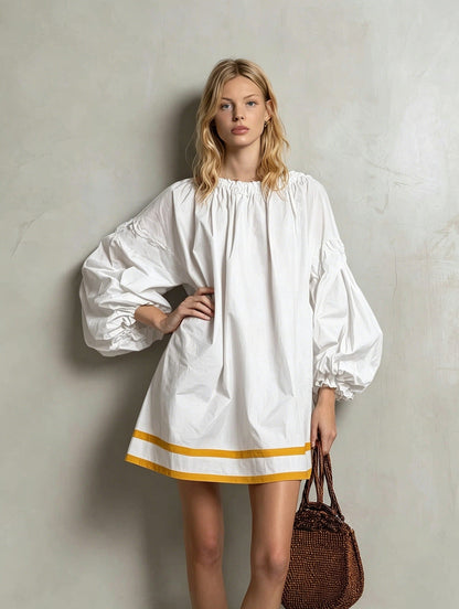 Ruffled Neck Balloon Sleeve Contrast Trim Poplin Mini Dress