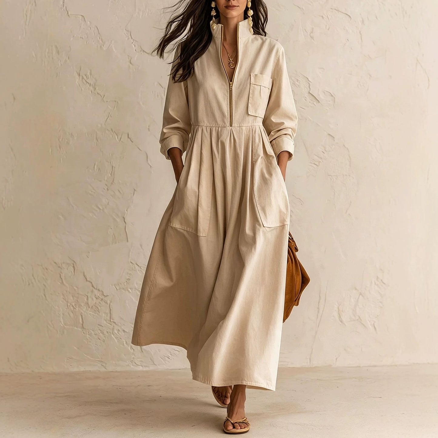 Half‑Zip Stand Collar Pocket Midi Maxi Dress