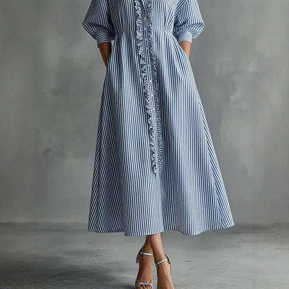 Blue‑White Stripe Ruffle Trim Shirt Midi Dress