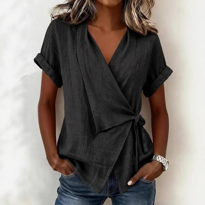 Wrap Tie Waist Linen Blend Short Sleeve V-Neck Blouse
