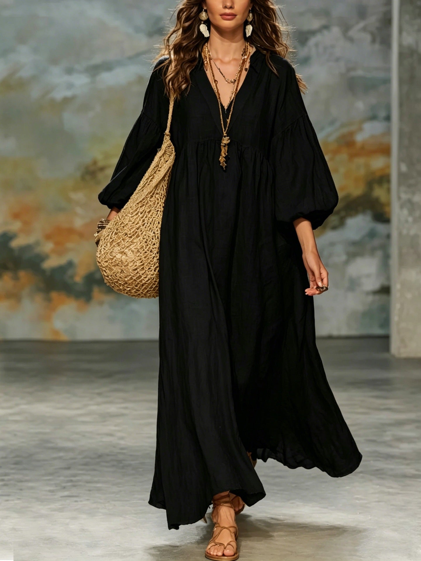Boho V‑Neck Balloon Sleeve Linen‑Blend Maxi Dress