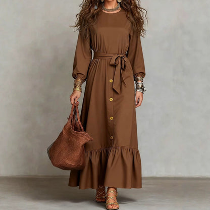 Button‑Front Tie‑Waist Tiered Ruffle Maxi Dress