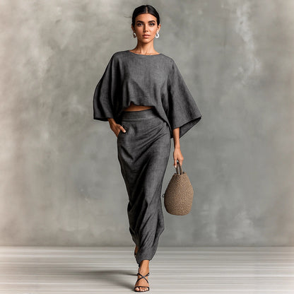 Natural Linen Batwing Crop Top Wrap Ruched Midi Skirt Two Piece Set