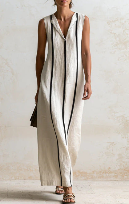 Off‑White Vertical Contrast Piping Linen Maxi Dress