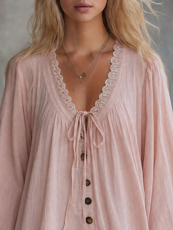V‑Neck Lace Trim Boho Mini Dress Bell Long Sleeve Tie Front Loose Ruffle Hem Tunic Dress