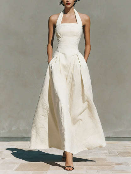 Halter Square Neck Pleated A-Line Midi Dress