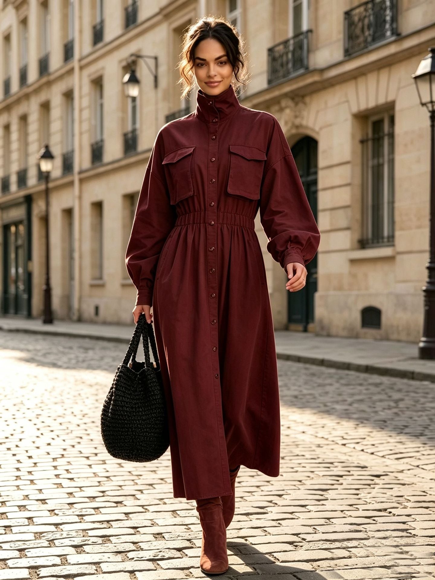Women's Solid Beige Stand Collar Pocket Elastic Waist Long Sleeve Shirt Midi Dress