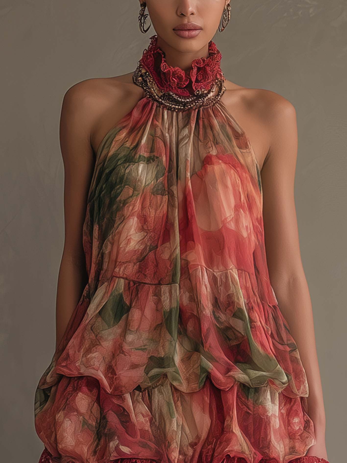 Romantic Floral Halter Tiered Lace Trim Mini Dress