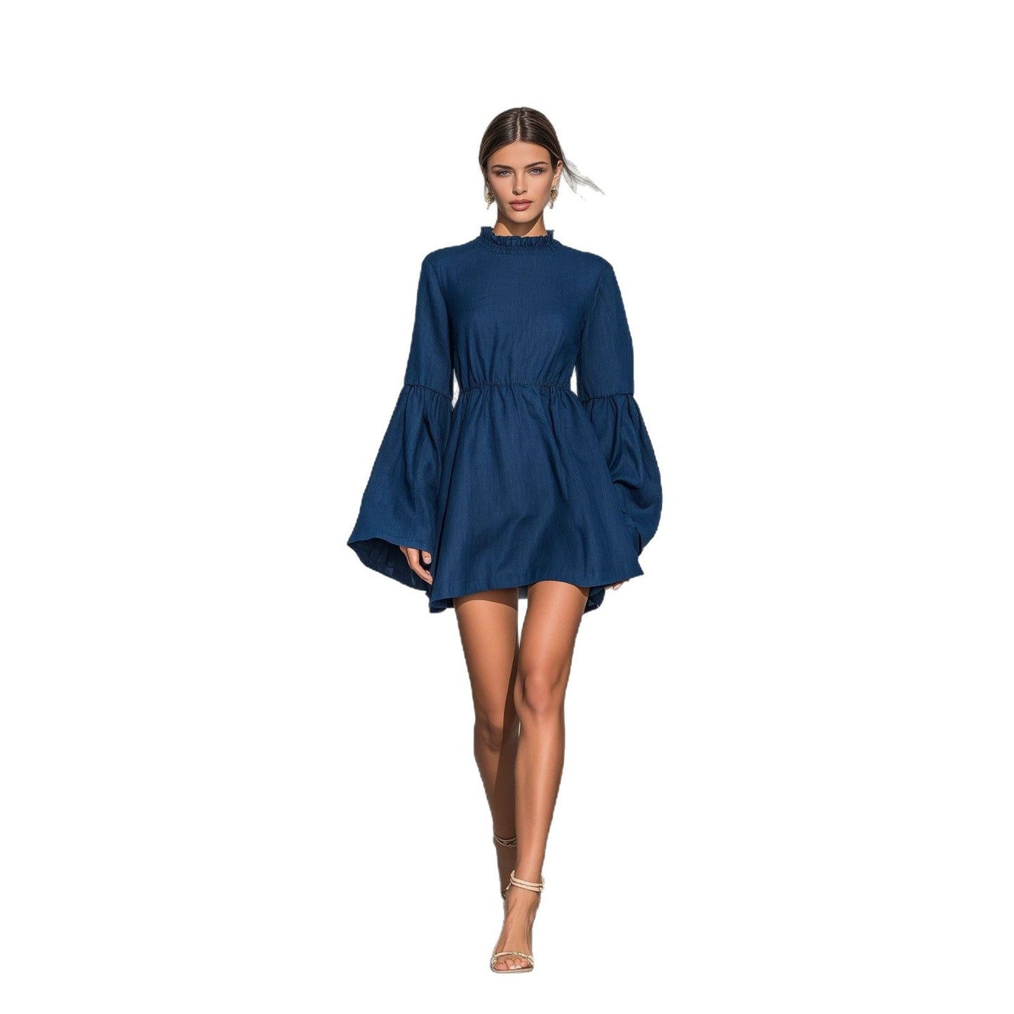 Ruffled High‑Neck Bell‑Sleeve Elastic Waist Mini Dress