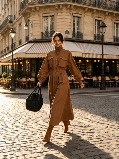 Women's Solid Beige Stand Collar Pocket Elastic Waist Long Sleeve Shirt Midi Dress