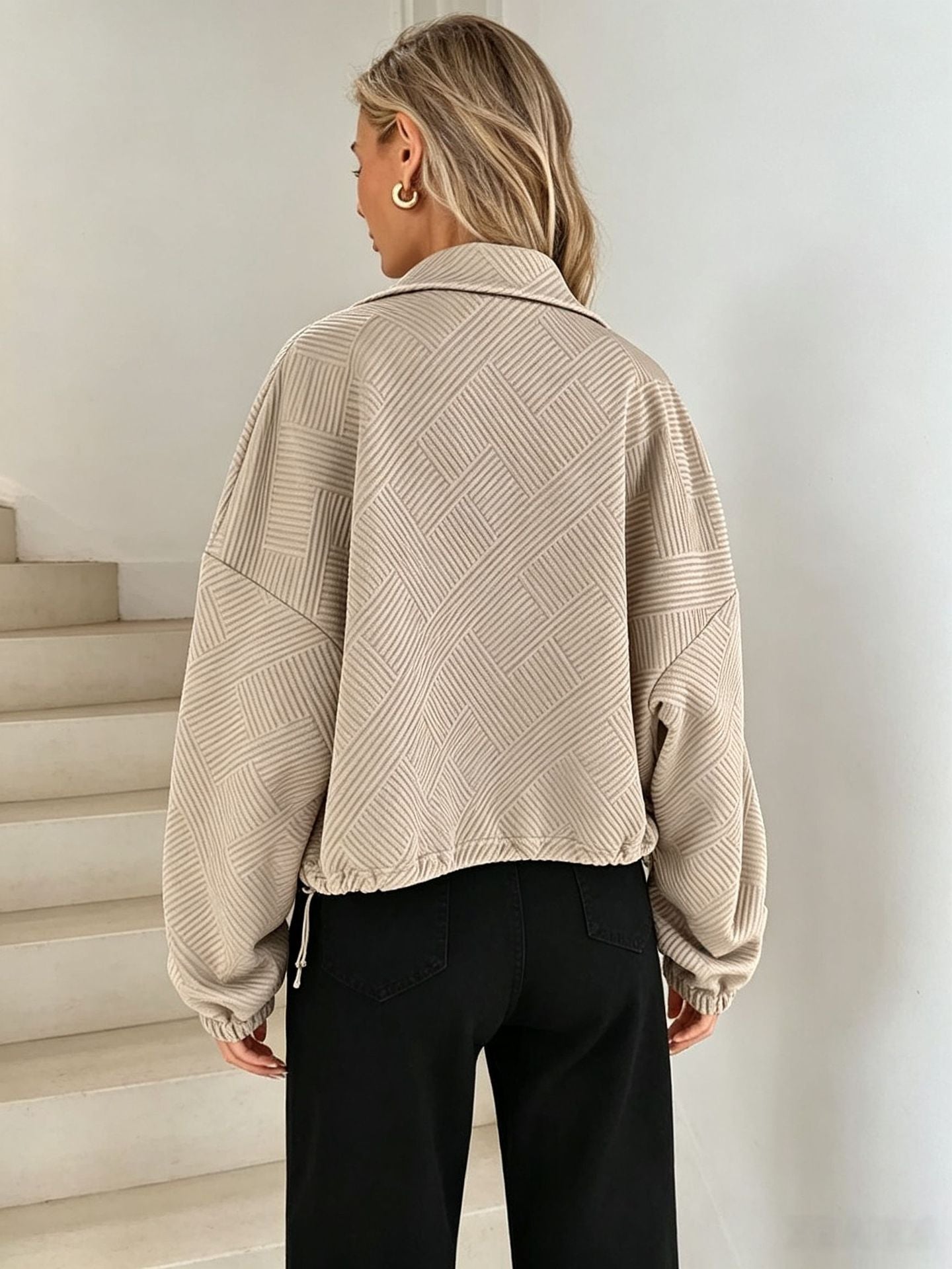 Women’s Solid Beige Geometric Textured Zip‑Up Drawstring Cropped Jacket