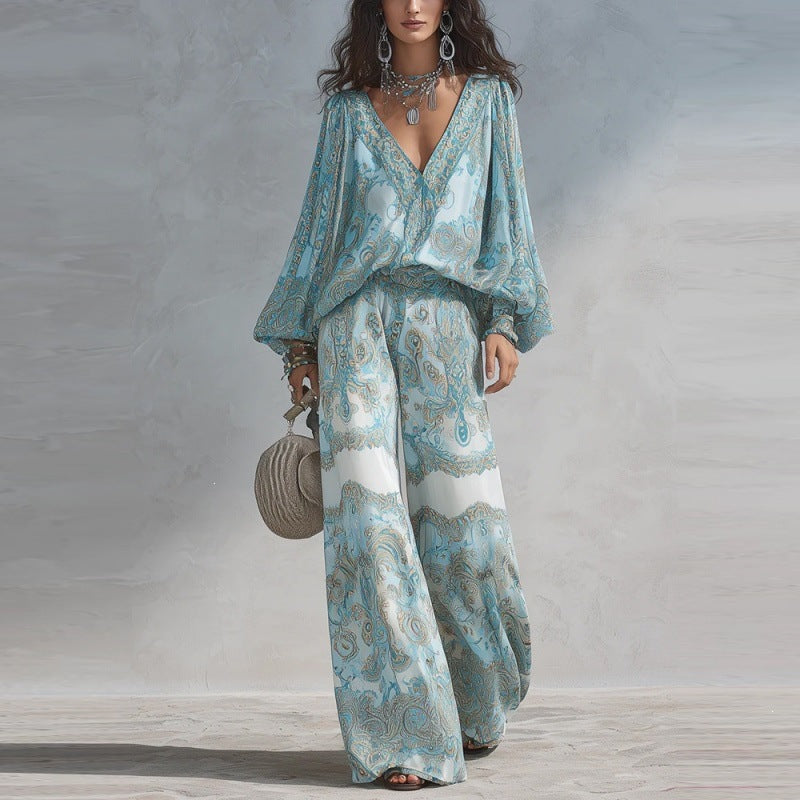 Paisley Print Blouse & Wide-Leg Pants Set