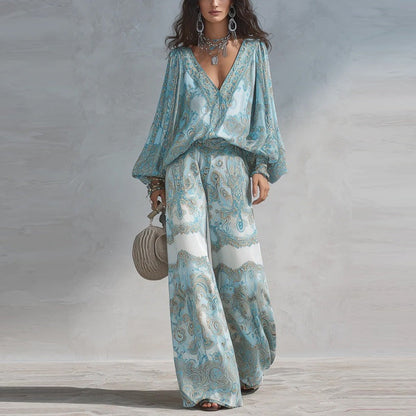 Paisley Print Blouse & Wide-Leg Pants Set