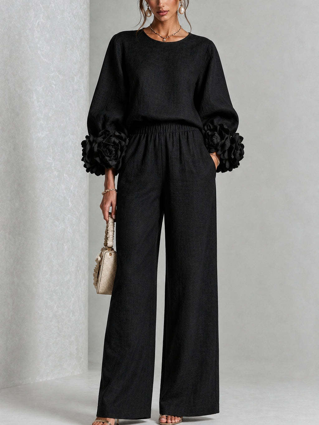 Pink Top Featuring Striking Floral Cuffs Paired With Wide-leg Pants Suit - Black / XS(2) - Matching Sets