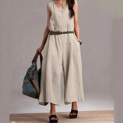 Sleeveless V-Neck Self Belt Linen Wide Leg Cropped Jumpsuit