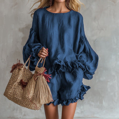 Women Ruffle Lantern Sleeve Top & Ruffle Shorts Linen Two‑Piece Matching Set