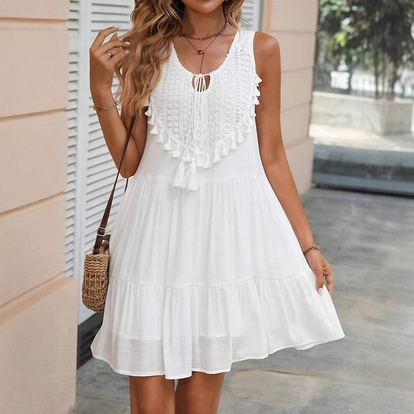 Crochet Lace Tassel‑Trim Sleeveless Tiered Mini Dress
