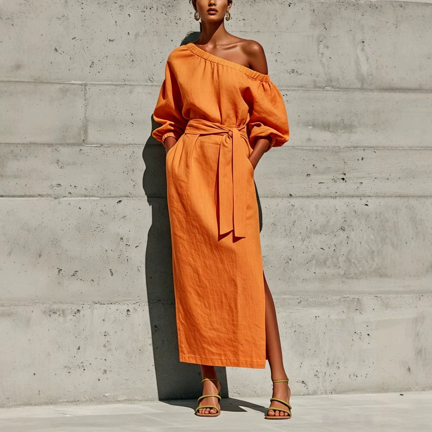 Linen One Shoulder Puff Sleeve Tie Waist Side Slit Midi Dress