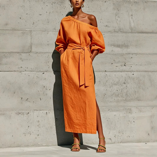 Linen One Shoulder Puff Sleeve Tie Waist Side Slit Midi Dress