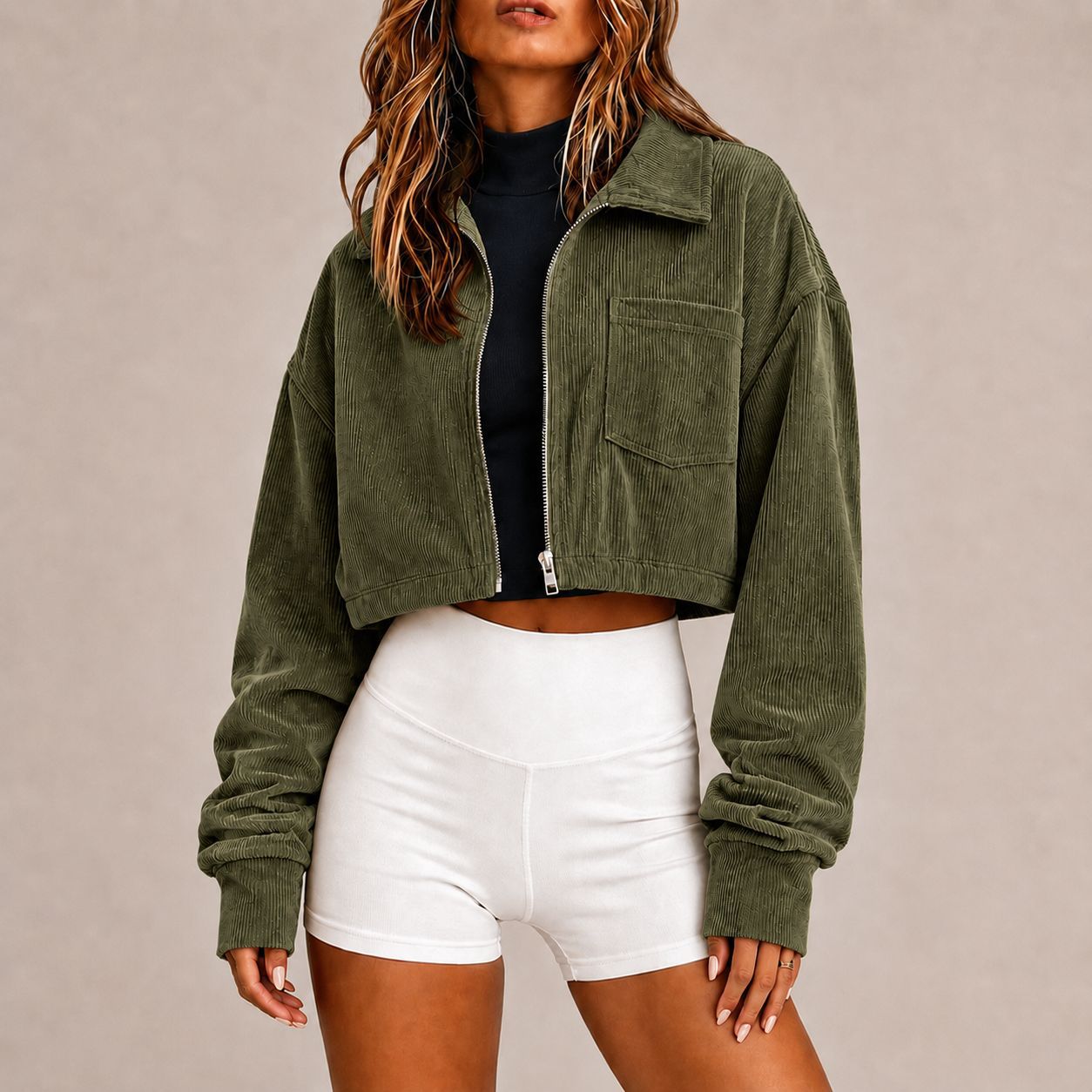 Zip‑Up Collared Corduroy Cropped Jacket With Chest Pocket
