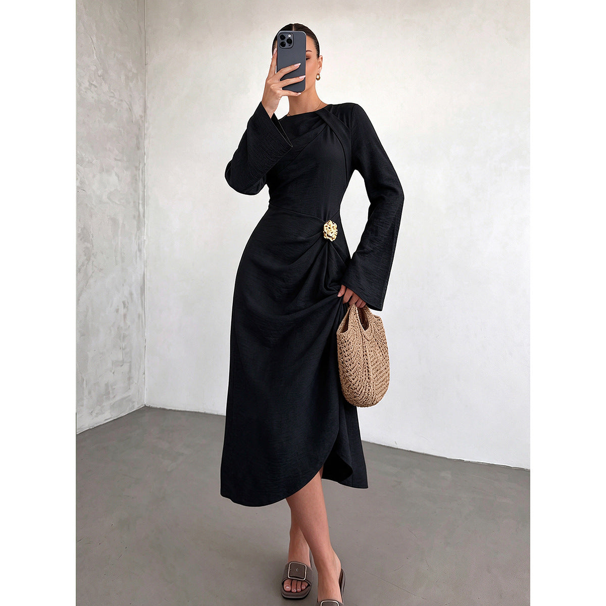 Round Neck Flare Sleeve Gold Ornament Ruched Midi Dress