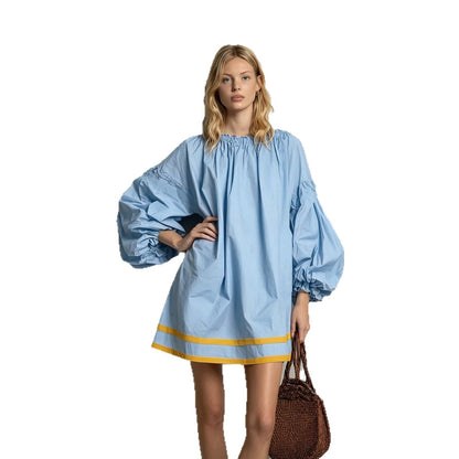 Ruffled Neck Balloon Sleeve Contrast Trim Poplin Mini Dress