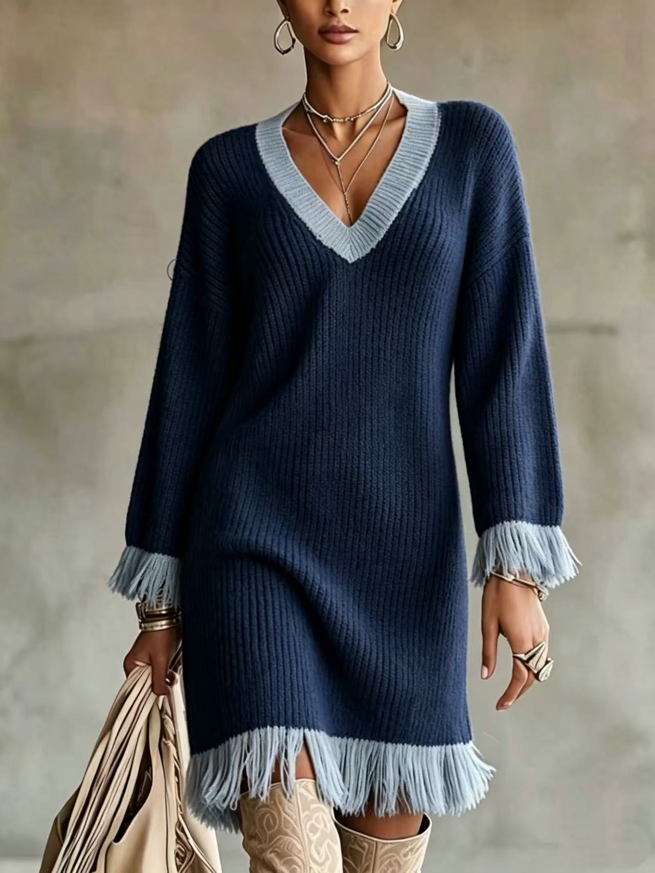 Women Color‑Block Knit Sweater Dress, V‑Neck Long Sleeve Fringe Trim Cuff & Hem Loose Fall Winter Mini Dress
