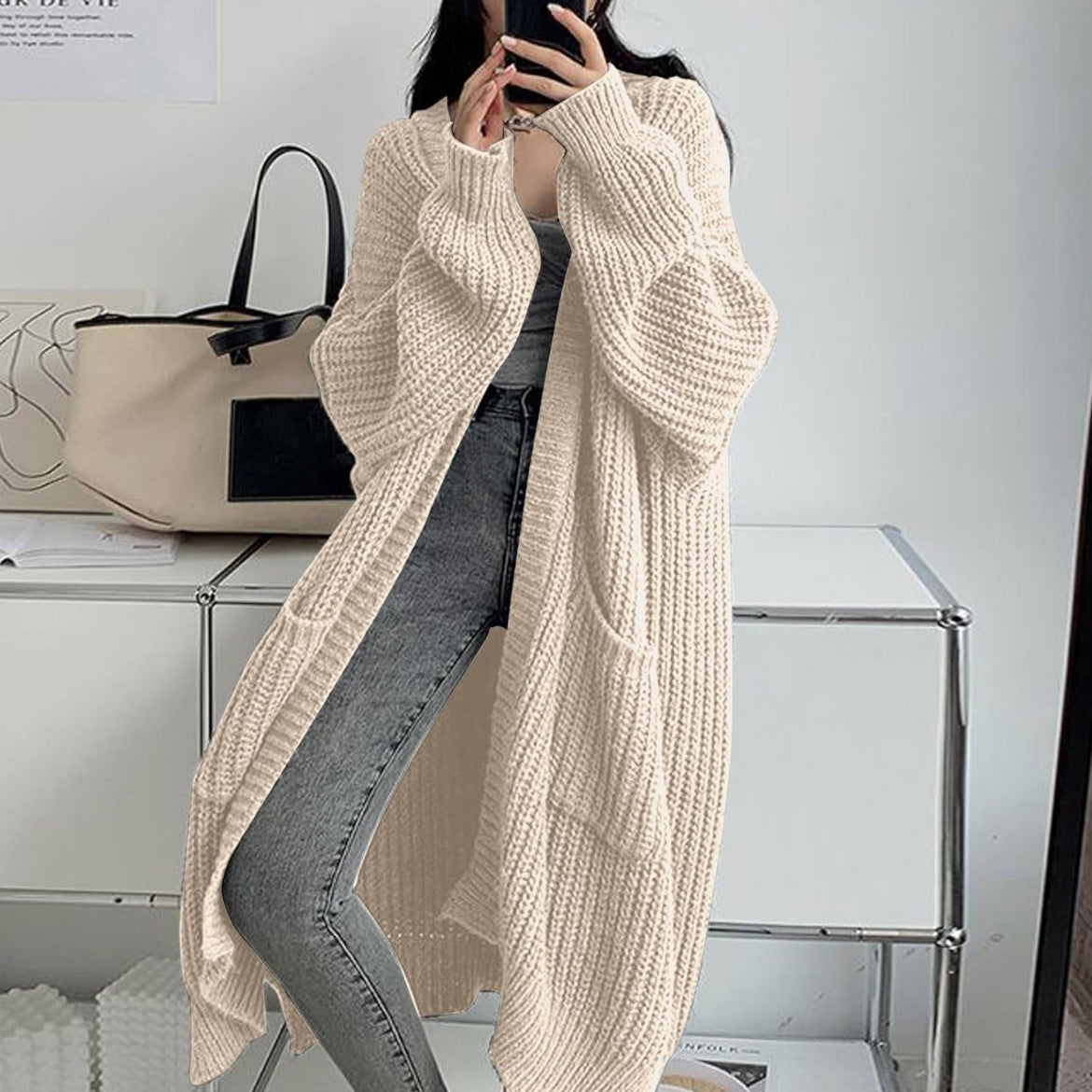 Women's Solid Chunky Knit Open Front Oversized Long Cardigan With Pockets
