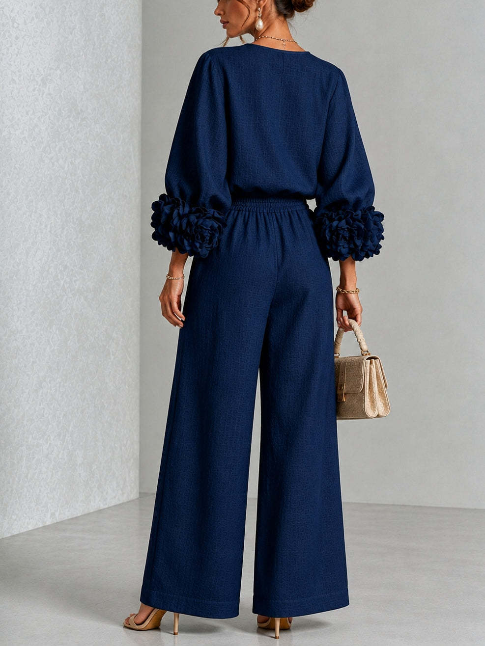 Pink Top Featuring Striking Floral Cuffs Paired With Wide-leg Pants Suit - Matching Sets